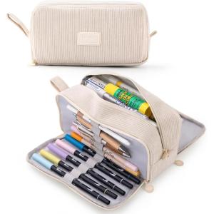 imageCICIMELON Big Corduroy Pen Pencil Case 3 Compartments Pouch Bag for School Supplies Office Travel Organizers NavyCream