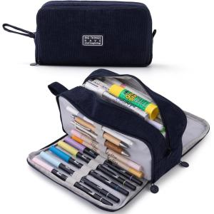 imageCICIMELON Big Corduroy Pen Pencil Case 3 Compartments Pouch Bag for School Supplies Office Travel Organizers NavyNavy