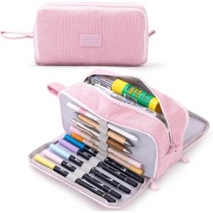 imageCICIMELON Big Corduroy Pen Pencil Case 3 Compartments Pouch Bag for School Supplies Office Travel Organizers NavyPink