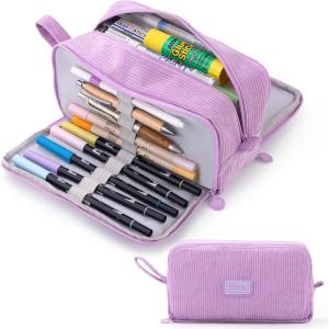 imageCICIMELON Big Corduroy Pen Pencil Case 3 Compartments Pouch Bag for School Supplies Office Travel Organizers NavyPurple