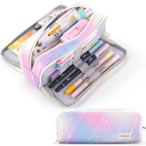 imageCICIMELON Large Capacity Pencil Case 3 Compartment Pouch Pen Bag for School Teen Girl Boy Men Women BeigeMeteor