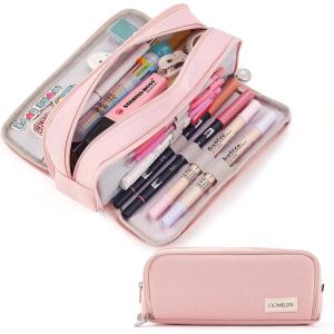 imageCICIMELON Large Capacity Pencil Case 3 Compartment Pouch Pen Bag for School Teen Girl Boy Men Women BeigePink