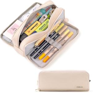 imageCICIMELON Large Capacity Pencil Case 3 Compartment Pouch Pen Bag for School Teen Girl Boy Men Women GrayBeige