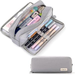 imageCICIMELON Large Capacity Pencil Case 3 Compartment Pouch Pen Bag for School Teen Girl Boy Men Women GrayGray