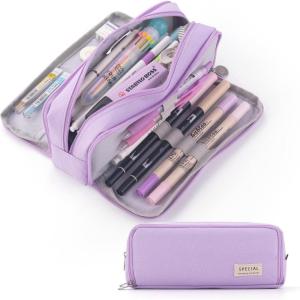 imageCICIMELON Large Capacity Pencil Case 3 Compartment Pouch Pen Bag for School Teen Girl Boy Men Women GrayPurple