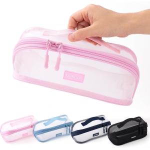 imageCICIMELON Transparent Mesh Pencil Pouch with Handle Big Case Clear Pen Bag College Essentials School Supplies Pinkpink